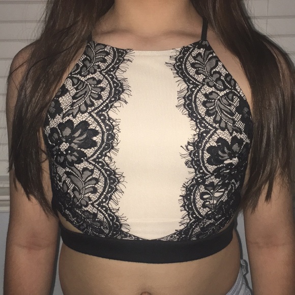 Tops - Nude with black lace crop top